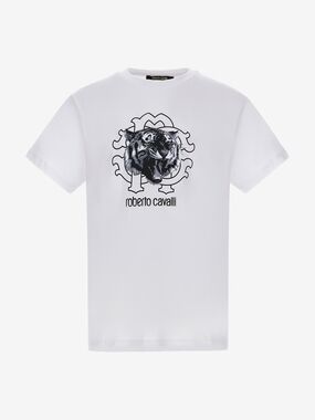 Roberto Cavalli White T-Shirt with Black Tiger Graphic Size XL